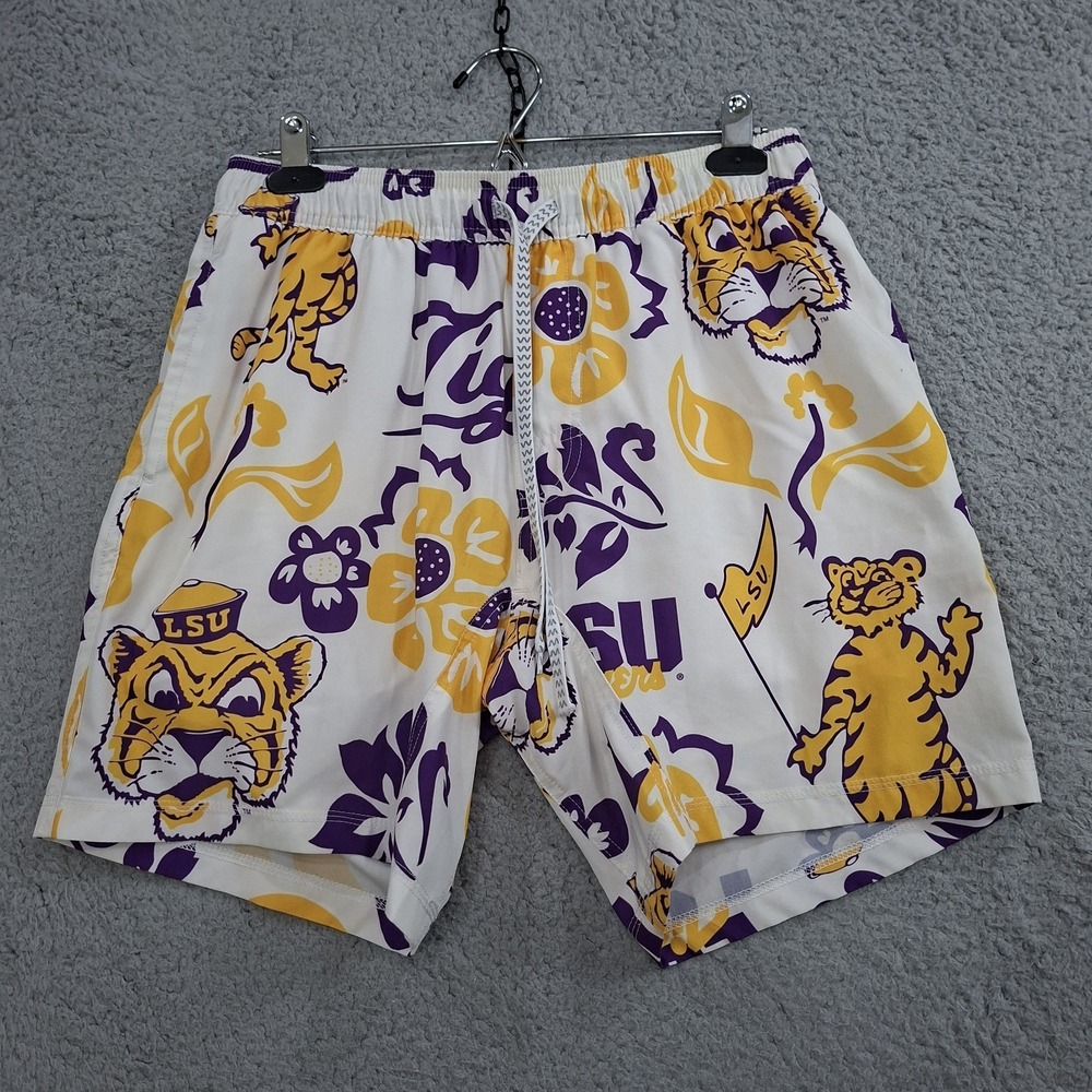 Wes and Willy LSU Tigers Board Shorts L Logo Floral Swim Trunks Vacation Travel‎